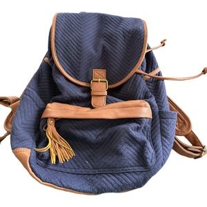 Madden Girl Quilted Lined Mini Backpack Brown Leather Navy Cotton Boho
